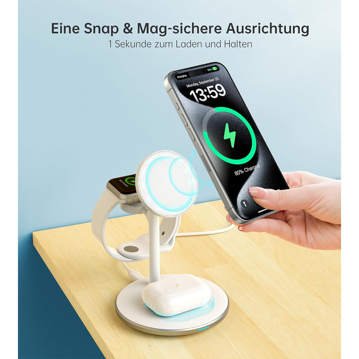 3-в-1 індукційна зарядка для декількох пристроїв, 15W MagSafe зарядка для iPhone 15/14, MagSafe зарядний пристрій для iWatch Ultra 2/1/Series 9/8, AirPods, білий колір