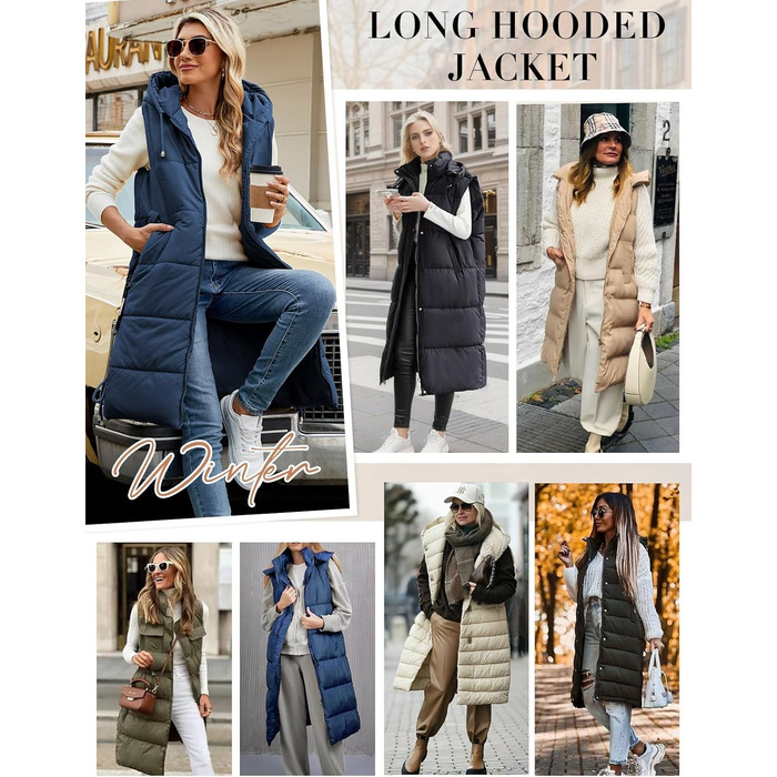 Жіноча довга стьобана жилетка Vancavoo з капюшоном, тепла зимова жилетка, довга жилетка (Морська синя, S)