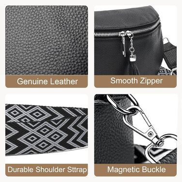 Жіноча сумка через плече з широким ременем, поясна сумка з натуральної шкіри, стильна з багатьма відділеннями для карток, кросбоді, гаманець (чорний)