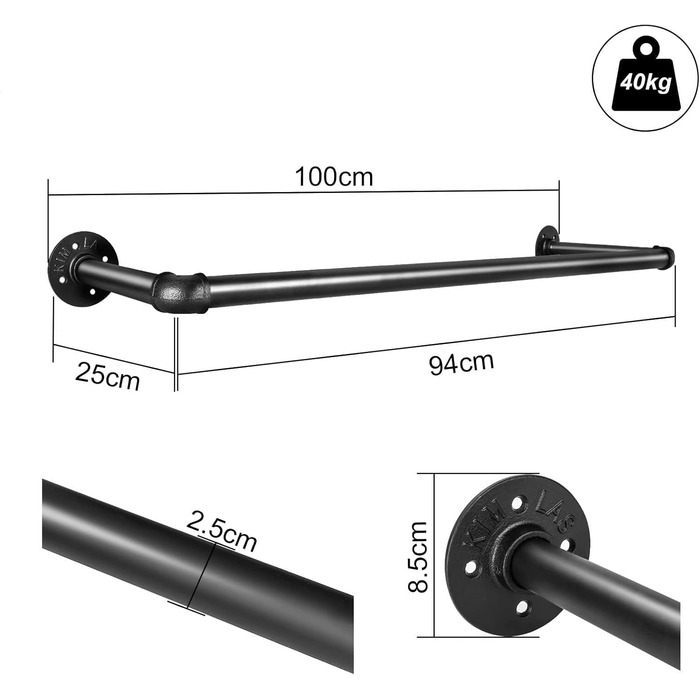 Wall-Mounted Clothes Rack, Pipe Clothes Rail, Industrial Style Wall Hanger, Detachable Metal Clothes Rod, Coat Rack, Bedroom for Hallways, Living Room, Bedroom (100cm)