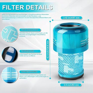 Набір фільтрів для пилососа Dyson V12 Detect Slim (3 шт.) з щіткою для чищення, сумісні з Absolute, Extra, Total Clean, Fluffy, запчастина #971517-01