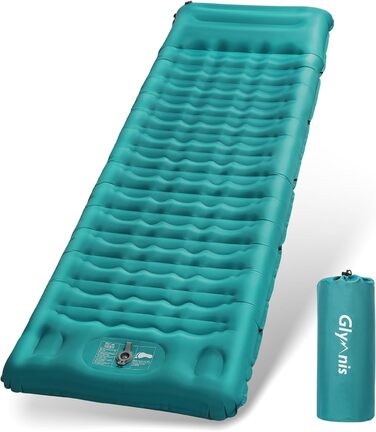 Glymnis Isomatte Camping Air Mattress - 9cm Thick, with Foot Pump & Pillow - Ultralight Outdoor Sleeping Pad for Camping, Hiking, Travel - Army Green/Turquoise