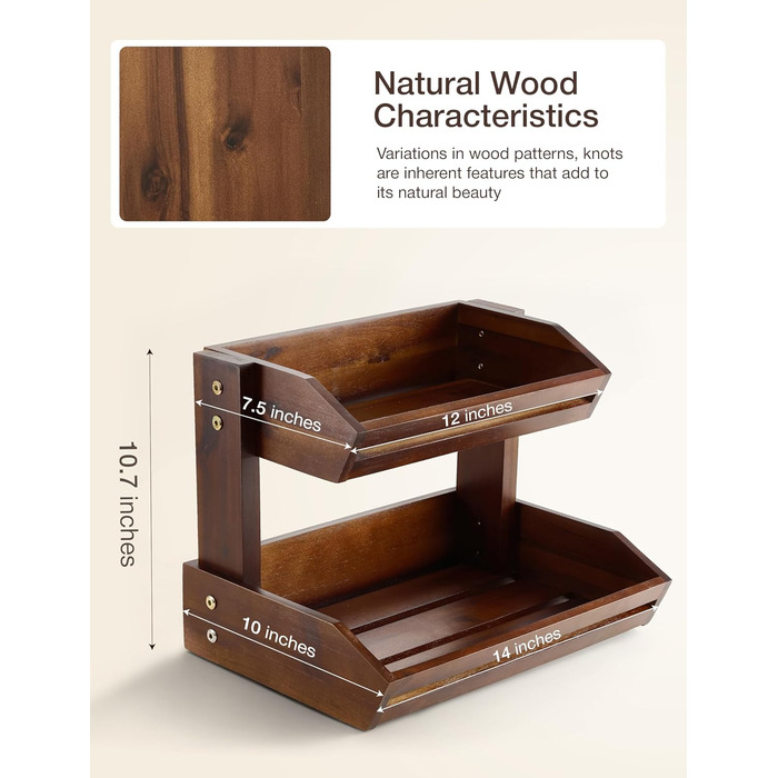 Двоярусна фруктова корзина HOLANA з дерева горіха для кухонного столу - органайзер для фруктів, овочів та закусок