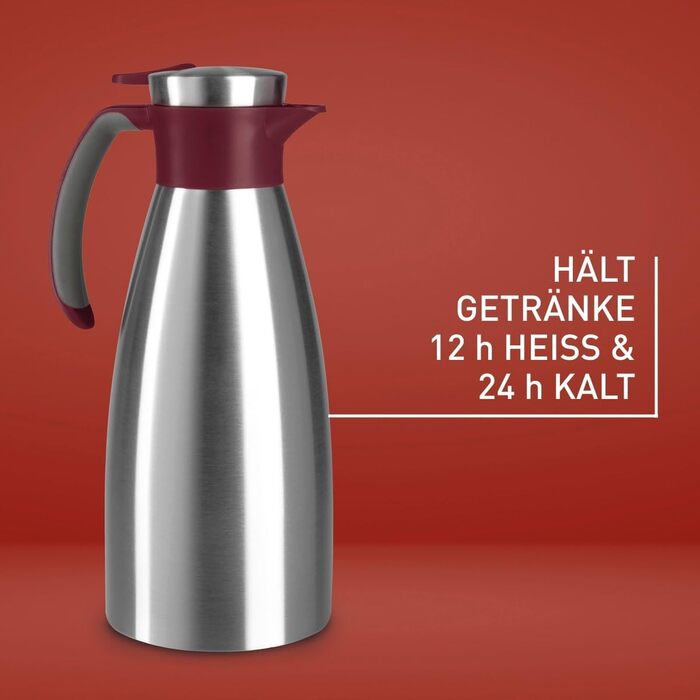 Emsa Soft Grip Insulated Thermos, 1.5 Liter, Stainless Steel, 12 hours hot + 24 hours cold, Leak-proof, Non-slip Grip, Color Burgundy N4120500