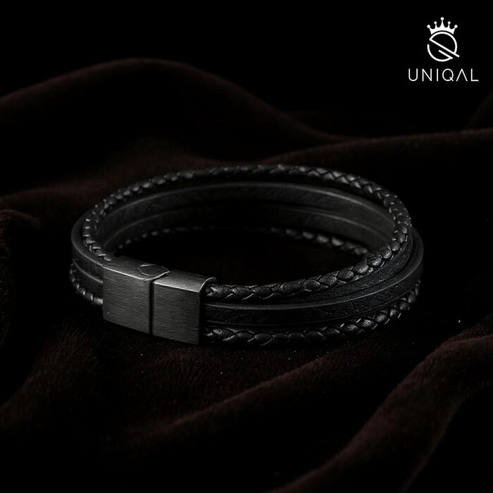Чоловічий шкіряний браслет UNIQAL 'Premium Style' з нержавіючої сталі, чорний (BLACKY, 19 см)
