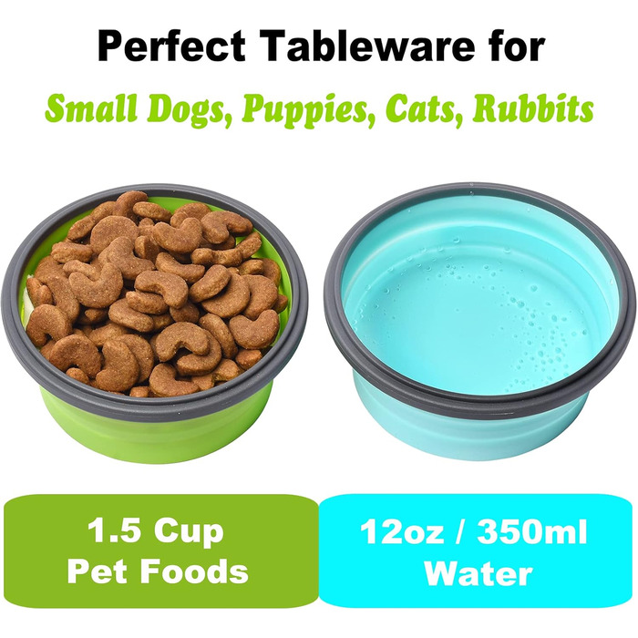 Складані миски для собак з силікону для корму та води, для подорожей, з кришкою, портативні, розширювані, для домашніх тварин, для прогулянок, кемпінгу, 2 шт. блакитний / зелений (Small, блакитний / зелений)