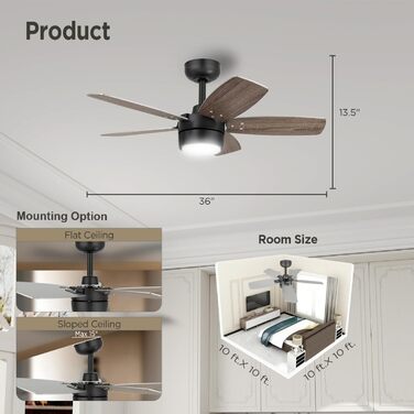 Стеляний вентилятор для маленьких кімнат: сучасний вентилятор з регульованим світлом та пультом керування – реверсивний, тихий з 6 швидкостями для маленьких спалень - 230V (Бронза+волоський горіх, 91 см)