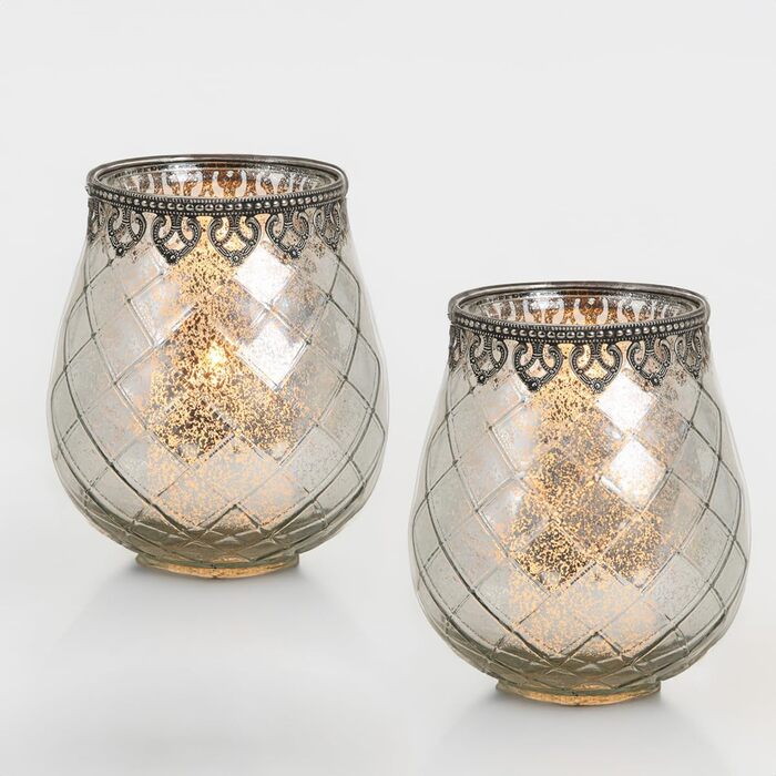 Vintage Candle Glasses Lanterns Silver - 2 Modern Candle Glasses in 14 cm as Candle Holders, Lanterns, Tealight Holders - Boho Candle Holders, Tealight Glass as Wedding Table Decoration, Balcony, Garden Decoration (2x 18 cm - silver)