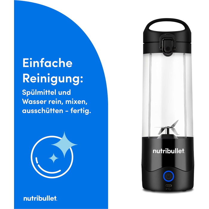 Портативний блендер Nutribullet Portable Smoothie Maker, бездротовий міні-міксер для смузі та коктейлів, 475 мл, BPA-free, чорний, NBP003B