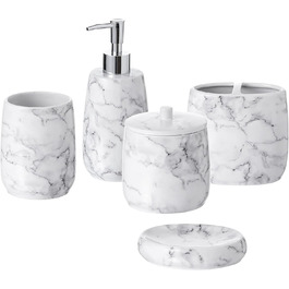 Motifeur Badaccessoires Set, 5-Piece Ceramic Bathroom Accessories Set with Lotion Dispenser/Soap Pump, Cotton Swab Holder, Soap Dish, Cup, and Toothbrush Holder (Marble Look)