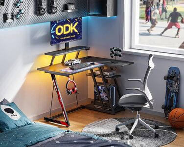 LED Gaming Desk with Power Outlets - L-Shaped PC Gaming Table with Monitor Stand & Storage - Carbon Fiber Black 100cm