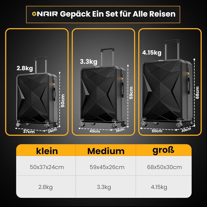 Набір валіз ONAIR 3 шт. (S, M, L) – чорний & золотий, водонепроникний корпус ABS з TSA-замком, тихі колеса, міцний, для подорожей