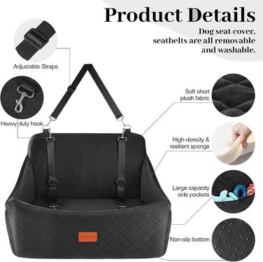 Wooaidagg Memory Foam Dog Car Seat - Washable & Detachable Pet Bed for Medium & Large Dogs - Includes 2 Leashes (Black, Large)