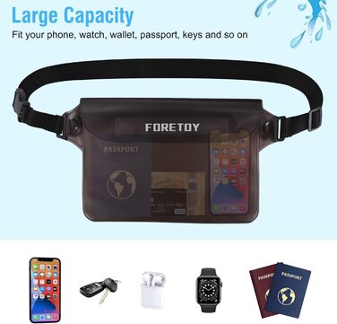 Водонепроникна сумка-чохол на пояс з регульованим ремінцем, IP68, для фотографії, водних видів спорту, пляжу, плавання, риболовлі тощо. Чорний + Сірий
