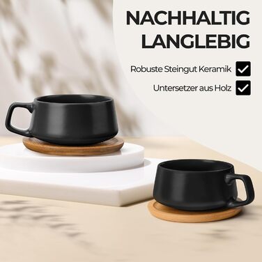 MIAMI - Set of 4 x 320 ml Coffee Cups/Cappuccino Cups with Saucers/Elegant/Modern/Coffee Cups made of stoneware - Luxe Collection 4-Piece Set (Black)