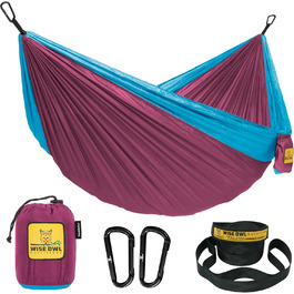 Wise Owl Outfitters Hammock for Camping, Single Hammocks, Outdoor Gear, Backpacking, Survival or Travel, Portable, Lightweight, Parachute Nylon, Blue and Gray (Fuchsia and Sky Blue, Double Bed)