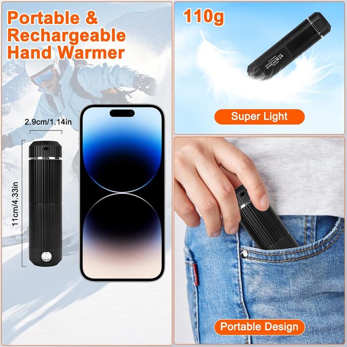 Електричний грієчка для рук, багаторазовий, 2 шт., 10000mAh, USB, магнітний дизайн, для зими, подарунок, чорний