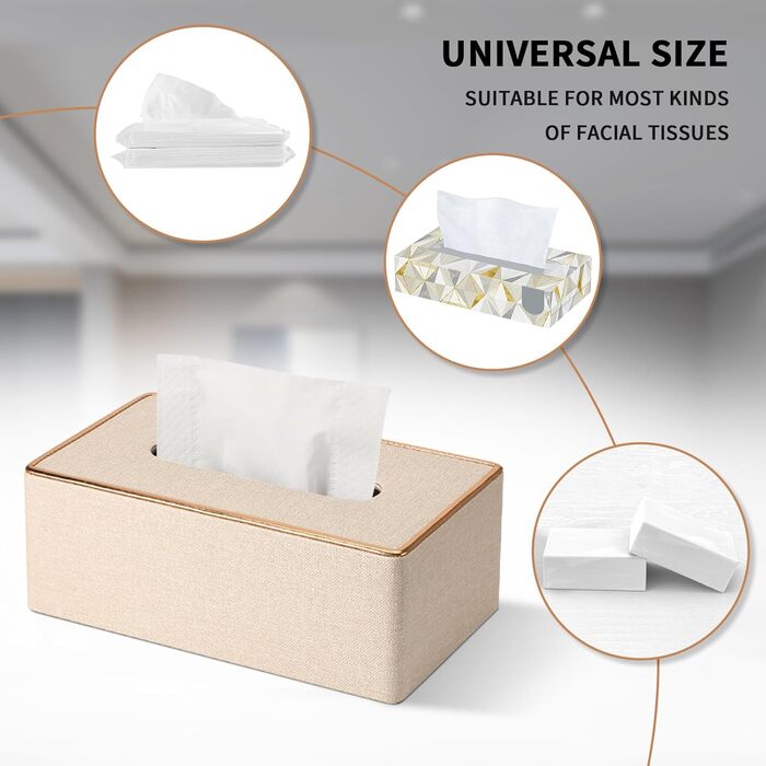 LADSTAG Tissue Box, PU Leather Tissue Box Cover with 4 Coasters, Tissue Box Cover for Rectangular Tissues, W x D x H: 25 x 13.5 x 9.5 cm (Beige)