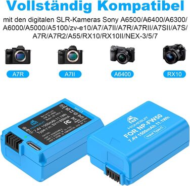 Набір акумуляторів NP-FW50 1300mAh та зарядний пристрій LCD для камер Sony ZV-E10, A6000, A6300, A6400, A6500, A5100, A5000, A7, A7II, A7R, A7RII, A7SII, 7RM2, 7SM2, 7M2, A55, RX10 II, III, IV, NEX-3/5/6/7, NEX-F3 (2 шт. акумулятори + 1 зарядний пристрій)