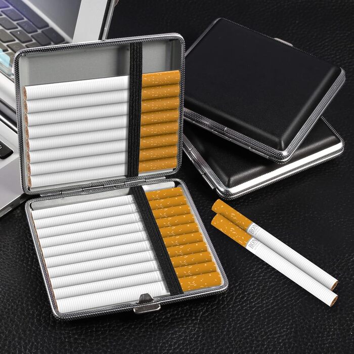 Чохол для сигарет зі шкіри та металу (3 шт., чорний) - 20 сигарет, з застібкою, 10 x 9.5 x 1.9 см