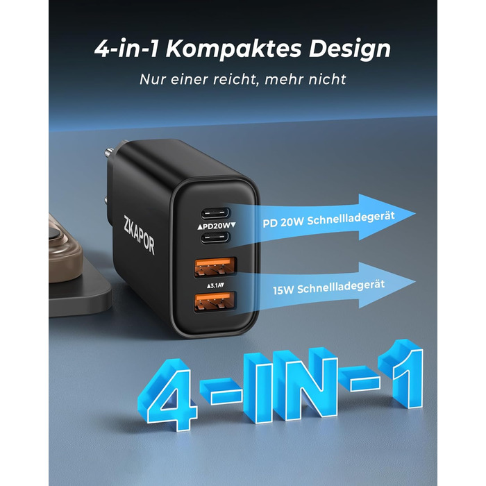 Зарядний пристрій ZKAPOR USB-C з 4 портами, 40W, з підтримкою PD та QC, для iPhone 16/15/14, Samsung Galaxy, Huawei, iPad Pro/Air, білий/чорний