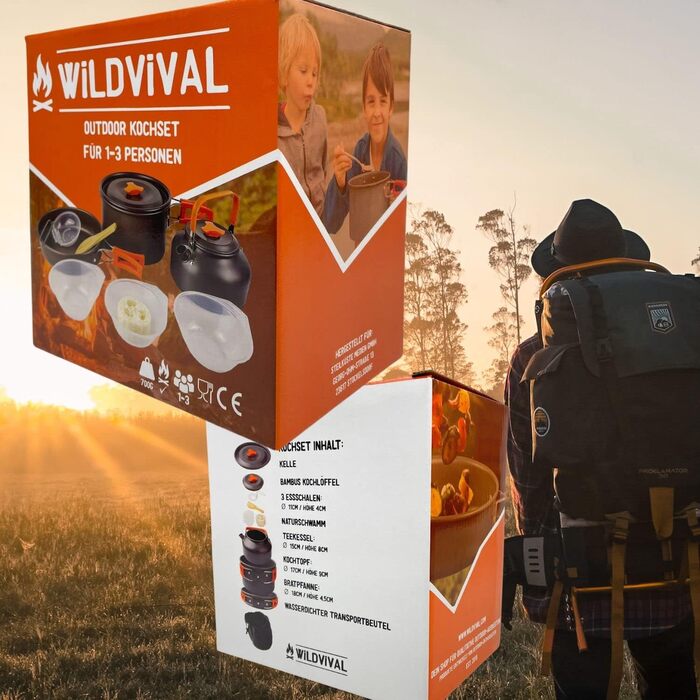 Набір посуду для кемпінгу WILDVIVAL на 1-3 особи (12 предметів) - легкий алюмінієвий посуд для кемпінгу з каструлею, сковородою та чайником