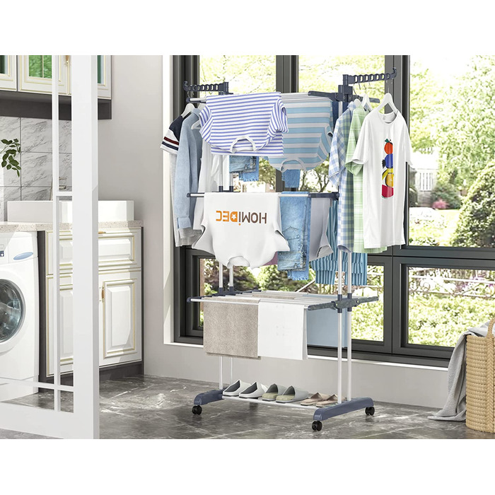 HOMIDEC Clothes Drying Rack Clothes Dryer Tower with Wheels, Space-Saving - with 6 Folding Wings and 2 Swivel Side Wings, Stainless Steel Standing Dryer Clothes Tower for Indoor and Outdoor Use, Grey Grey XL