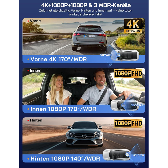 Автомобільний відеореєстратор WOLFANG 4K 3-канальний (передній, задній та салонний), Wi-Fi Dash Cam
