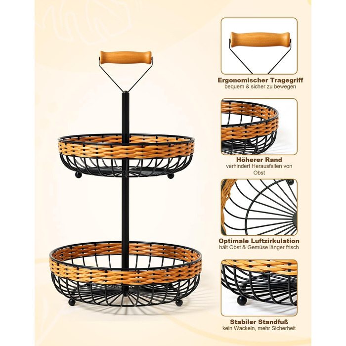 Двоярусний кошик для фруктів LEEJARD з синтетичного ротангу, знімний піддон, чорний (H:45 Dm:29 см)