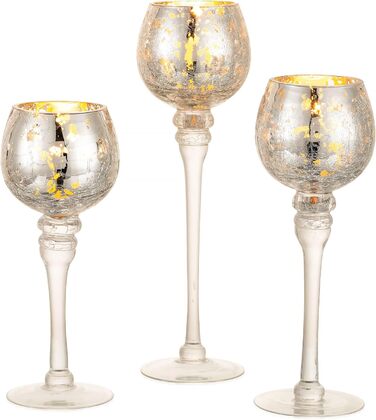 Romadedi Tealight Holder Candle Holder Glass Silver - Lantern Tealight Holder Decor Mercury 3-Piece Set 23.5/25.5/31.5 cm for Tealights Votive Candles, High Candles, Living Room Table Decoration, Wedding