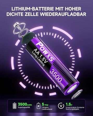POWXS 8 x AA 3500mAh літієві акумулятори з 8-портовим швидким зарядним пристроєм з LCD-дисплеєм | Швидка зарядка та стабільна напруга 1.5V | Для геймпадів, LED-ліхтарів, пульт дистанційного керування