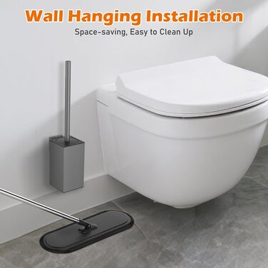 Набір для чищення унітазу з нержавіючої сталі 304, комплект з щіткою та тримачем для стіни, 2 насадки (сірий квадрат)