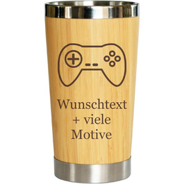 Engraved Gaming Mug, Name + Design, Drinking Mug with Wood-Look Finish 400 ml, Bamboo Mug for Gamers, Players, Computer Game Players, Gaming Zone, Gift Idea for Students, Teenagers