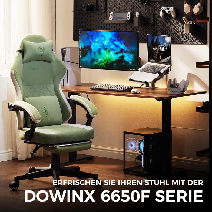 Ігровий крісло Dowinx з тканини, масажною підтримкою попереку та підніжкою, ергономічний офісний крісло для дорослих, великий і високий, 135 кг (зелено-білий)