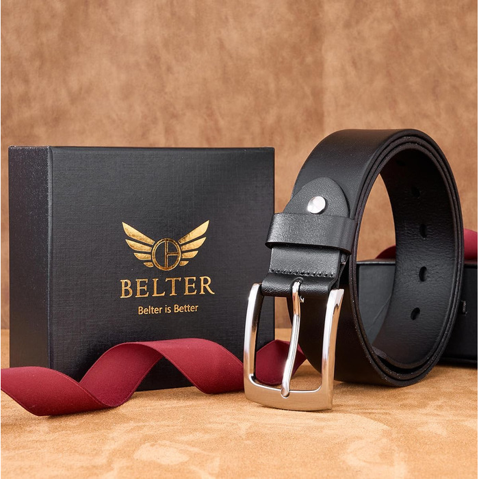 Чоловічий шкіряний ремінь BELTER 38 мм, чорний. Джинсовий ремінь з подарунковою коробкою, розмір L (32W-35W, 105 см)
