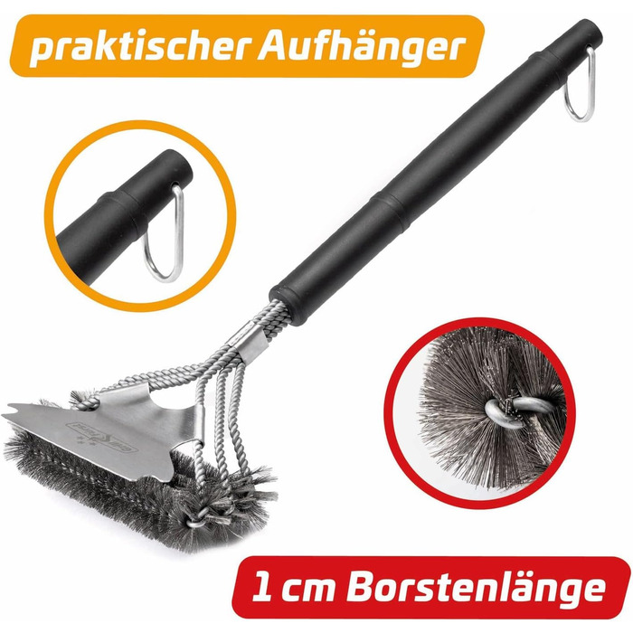 3X Grillfürst Premium Grill Brush with Brass Bristles, 45 cm - Grill Cleaning Brush for Grill Grates, Grill Grate Brush with Wide 3-Section Brush Head and Scraper (Stainless Steel with Scraper)
