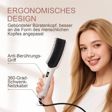 Іонна випрямляюча щітка для густого та кучерявого волосся - випрямляч для волосся з керамічними щетинками та швидким нагрівом, 16 температур (80-230°C), Dual Voltage