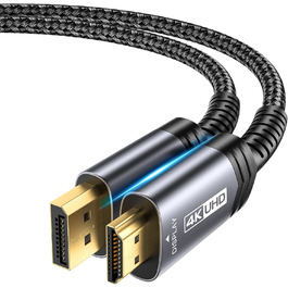 Кабель DisplayPort до HDMI JSAUX 2м, 4K@30Hz, 2K@60Hz, 1080P@120Hz, позолочений, обплетення, алюмінієва оболонка, для комп'ютерів Lenovo, HP, Dell, AMD, NVIDIA
