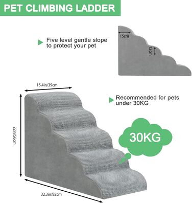 LIANTRAL Dog Stairs, 3 Steps Dog Staircase for Bed and Sofa, Made of High-Density Sponge, Cat Stairs Dog Ramp with Removable, Washable Cover and Pet Hair Remover Roller, 40 cm High (5 Steps Grey)