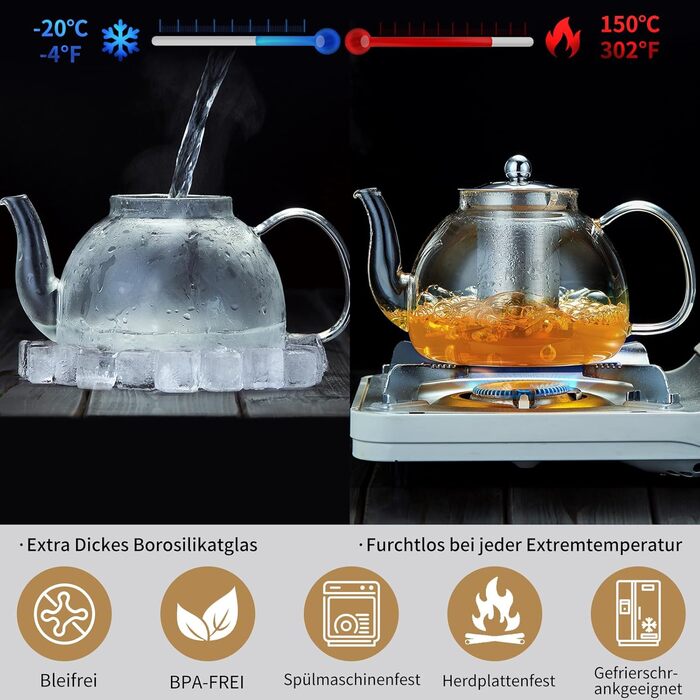 Скляна чайник MESNEY 1.2 л з ситечком, жаростійкий, для чорного чаю, Borosilikatglas, 40oz