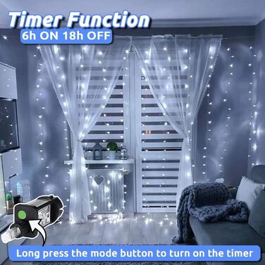 Лампочки-завіса для декору інтер'єру та екстер'єру 300 LED, 3x3м, різдвяне освітлення, 8 режимів, таймер, вологостійка, для вікна, стіни, вечірки, шлюбу, холодний білий