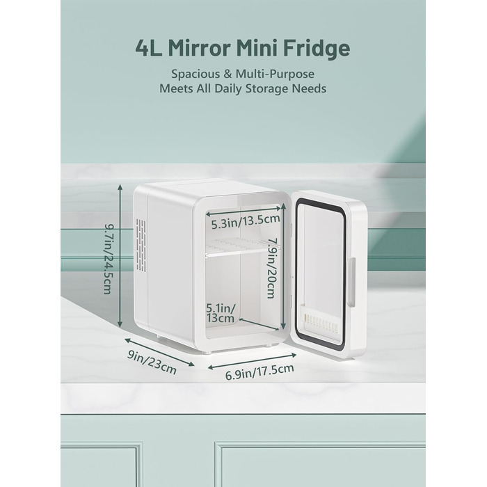 MINI холодильник для косметики VINATO 4L з LED-дзеркалом, 220V/12V, охолодження/нагрівання, для авто, офісу, кімнати