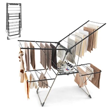 Стійка для сушіння білизни HOMASIS, розкладна, з 2 крилами, регульована, 6 рівнів, з вішалкою для білизни, прищіпками та полицею для взуття, для балкону (Білий/Чорний)