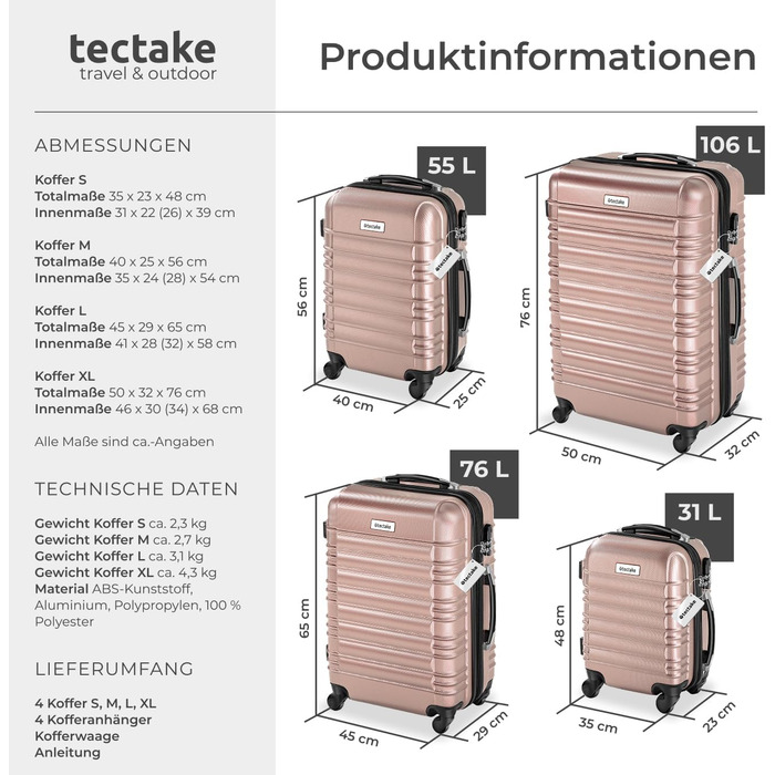 Набір валіз Tectake® 4 шт. з ABS-пластику, рожевого кольору, з колесами, телескопічним ручками та замками, включає ваговою та аксесуарами для валіз (S-M-L-XL)