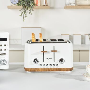 Тостер Salter Toronto 1.7L з функцією скороварки, 360° обертання, фільтром від накипу, дерев'яним дизайном, бездротове підключення, захистом від перегріву, автоматичним вимкненням та контролером Otter (білий)