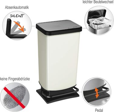Відро для сміття Rotho Paso 40л з педальним механізмом та кришкою, пластик (PP), BPA-free, металік, 40л, 35.3 x 29.5 x 67.6 см