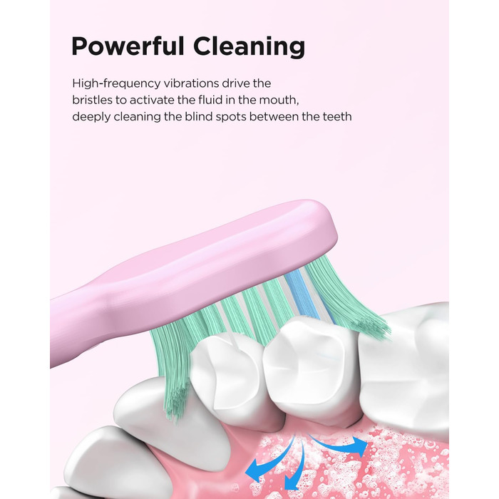 Електрична звукова зубна щітка для дорослих та дітей, 5 режимів чищення, 3 рівні інтенсивності, таймер, 8 насадок, чохол для подорожей, акумуляторна, чорний/рожевий