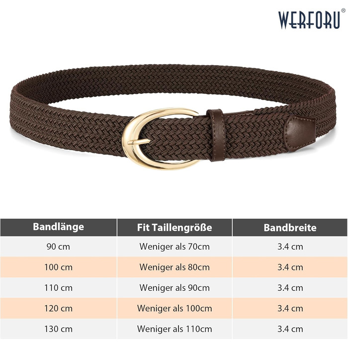 Жіночий/Чоловічий тканинний ремінь WERFORU з плетінням та еластичною смугою, 110/130 см, пряжка кольору кави-золота