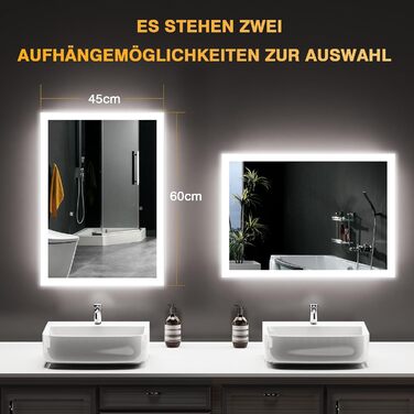 Дзеркало для ванної кімнати з підсвічуванням 50x70 см, LED, антизапар, 2 кольори світла (3000K/6500K), прямокутне, без рами