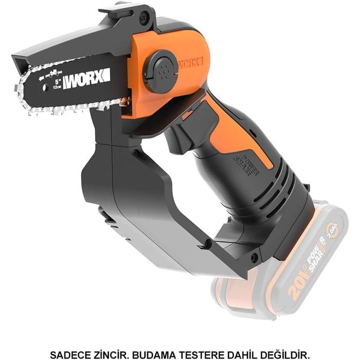WORX WG325E Nitro Mini акумуляторна бензопила 20V, одноручна пилка для гілок, потужний безщітковий двигун, 5650 об/хв, довжина різання 12 см, легка та компактна, автоматичне змащення ланцюга (з акумулятором 2Ah та зарядним пристроєм)